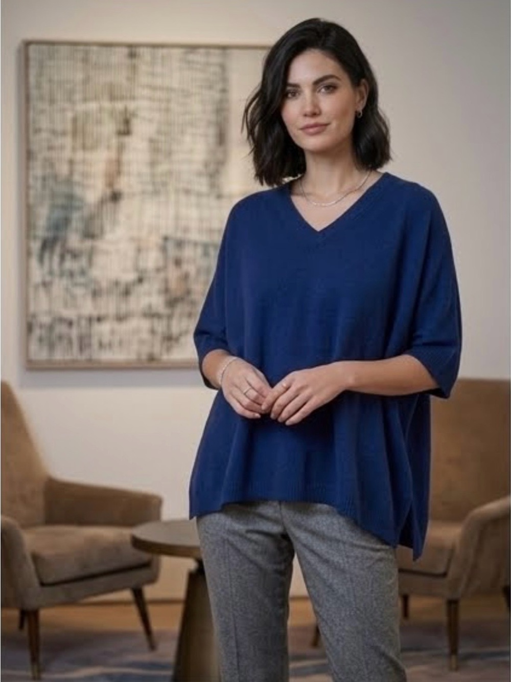 BRODIE CASHMERE Bronte Women’s Navy V-Neck Sweater Tee - Classic Comfort Sz M